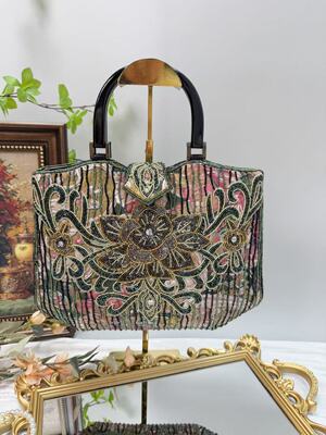 vintage珠绣手工包立体花朵钉珠包时尚手提口金包绣花包手提