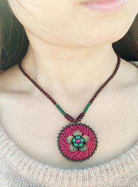 民族风手工饰品 复古金属花朵项链 红色百搭简约毛衣链 短款首饰