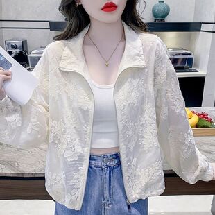 夏季薄款短外套女士白色蕾丝刺绣防晒衣服宽松长袖棒球服开衫上衣