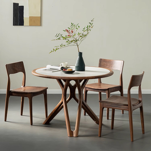 北美黑胡桃木餐桌全实木圆桌家用餐厅圆形饭桌现代简约原木风餐桌