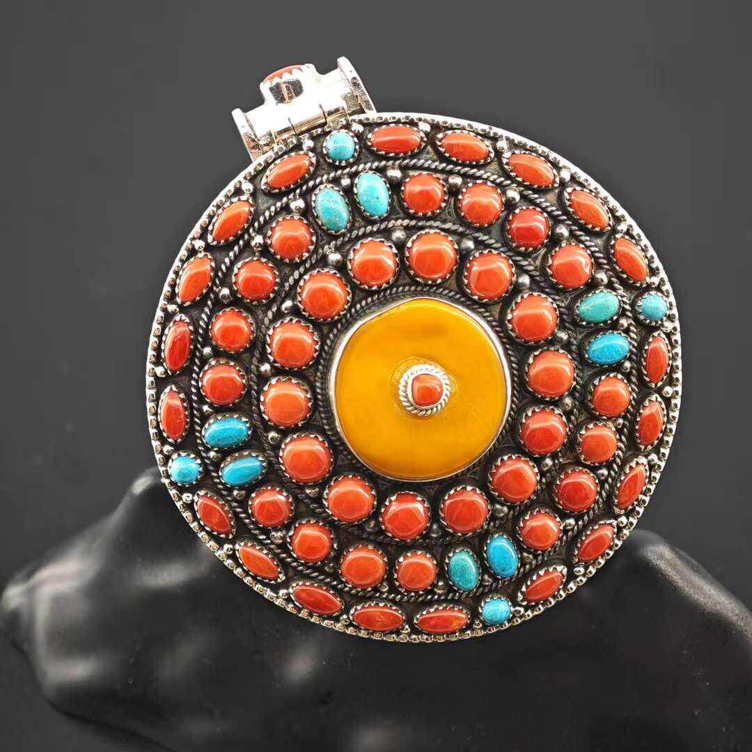 s925纯银蓝绿松石大吊坠复古做旧民族风手工镶嵌配饰男女