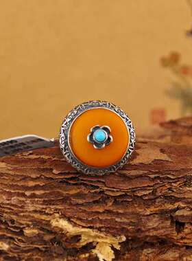 S925纯银镶嵌蜜蜡戒指女小众复古做旧民族风个性指环老蜜蜡