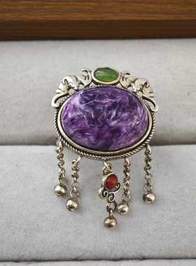 s925纯银镶嵌高级气质紫龙晶可调节流苏戒指女复古民族风
