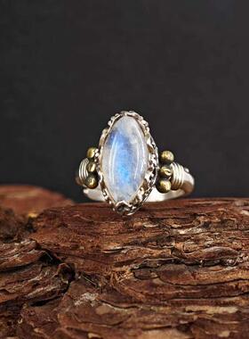 天然月光石拉长石高级小众925纯银镶嵌复古做旧个性戒指小众设计