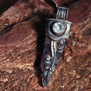 高级气质小众原石吊坠925錾刻老银纯银镶嵌骨干水晶大吊坠