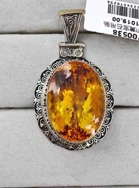 手工银饰925银镶嵌复古做旧银饰黄色宝石吊坠复古简洁大气