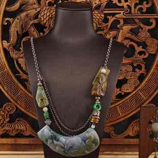设计师款项链925纯银老银镶嵌天然翡翠牧童小叶紫檀女复古民族风