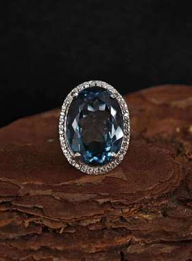 天然托帕石戒指女925银镶嵌时尚高级小众个性指环活口可调节