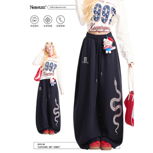 慵懒百搭直筒裤 NERESUM烫钻蛇卫裤 新款 潮牌运动阔腿裤 子 女美式