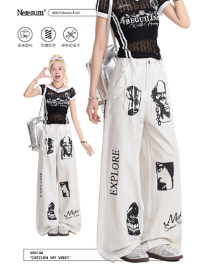 NERESUM手绘涂鸦白色牛仔裤女美式嘻哈高街直筒裤新款百搭裤子