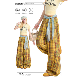 慵懒小众拖地直筒裤 NERESUM夏季 女复古街头阔腿休闲裤 格子裤 薄款