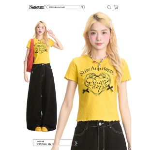 正肩甜酷短款 复古设计感修身 上衣 T恤女美式 NERESUM爱心蝴蝶结短袖