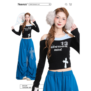 设计感辣妹露肩短款 NERESUM美式 新款 T恤女秋季 上衣 假两件挂脖长袖