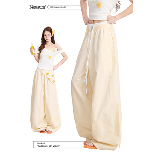 松弛宽松长裤 度假风休闲裤 女春夏美式 NERESUM竖条纹双腰头阔腿裤