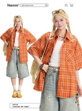 NERESUM夏日多巴胺橙色格纹短袖衬衫女潮牌复古街头宽松百搭衬衣