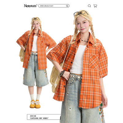 NERESUM橙色格纹宽松短袖衬衫