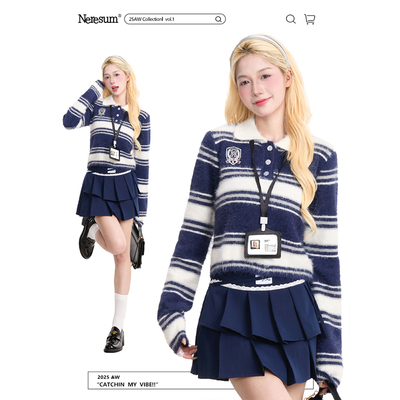 NERESUM学院风条纹撞色毛衣
