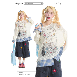 T恤 女破洞设计感甜辣休闲长袖 NERESUM美式 Kitty猫假两件针织罩衫