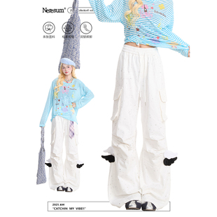 高街小众裤 NERESUM美式 女褶皱设计感阔腿裤 裤 子 星星烫银翅膀工装