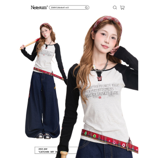 字母印花长袖 短款 T恤女春季 修身 上衣 复古撞色插肩袖 NERESUM美式