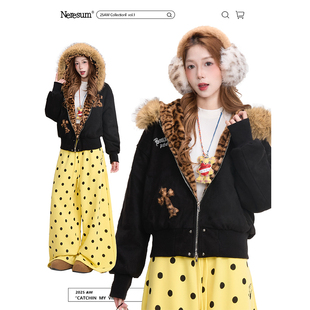 NERESUM十字架豹纹拼接毛领连帽棉衣女美式 复古保暖棉服厚外套