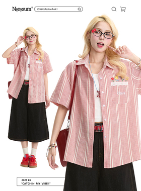 NERESUM红色格子条纹短袖衬衫女花卉刺绣学院风夏季宽松百搭衬衣