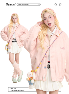 NERESUM蝴蝶结刺绣麂皮绒翻领夹克女美式慵懒减龄秋冬宽松外套