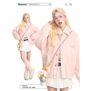 NERESUM蝴蝶结刺绣麂皮绒翻领夹克女美式慵懒减龄秋冬宽松外套