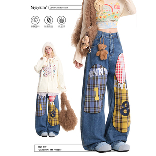 女复古街头潮牌小众休闲阔腿裤 NERESUM设计感格裤 子纹拼接牛仔裤
