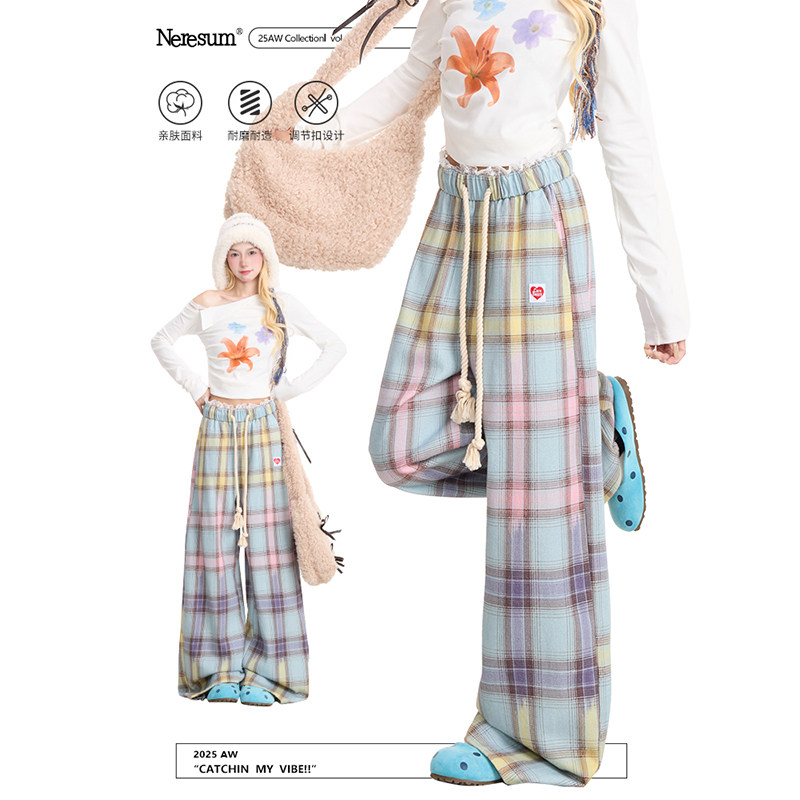 NERESUM美式复古彩色渐变格子裤女宽松直筒慵懒显瘦阔腿休闲裤子,女装/女士精品,休闲裤,淘宝优惠券,粉丝福利购,淘宝优惠卷