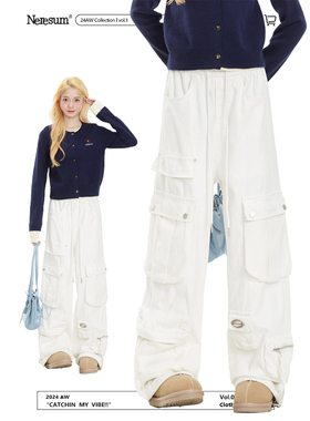 NERESUM白色工装裤女宽松多口袋美式复古潮牌跳舞显瘦休闲直筒裤