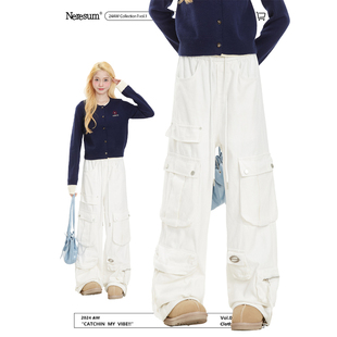 复古潮牌跳舞显瘦休闲直筒裤 女宽松多口袋美式 裤 NERESUM白色工装