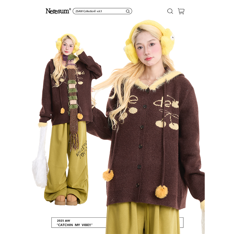 NERESUM樱桃提花慵懒开衫毛衣