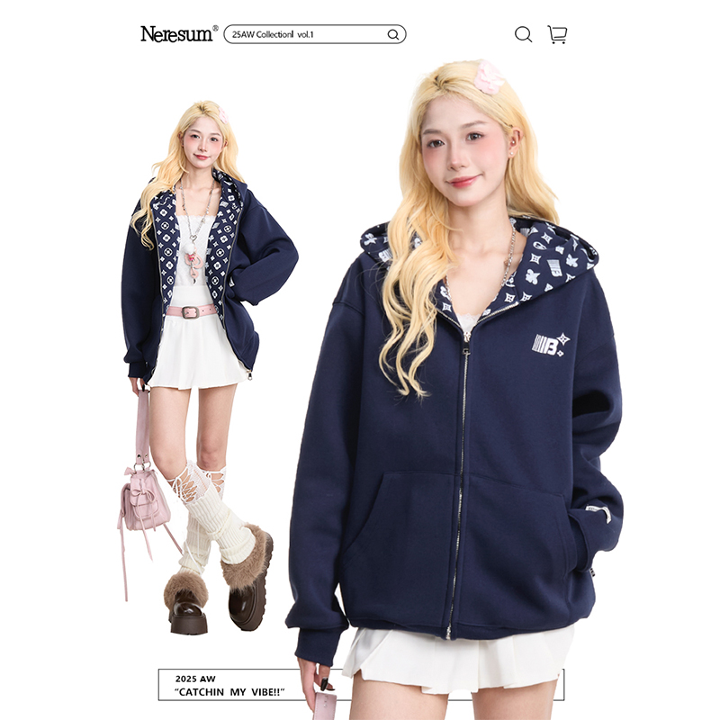 NERESUM美式印花连帽开衫卫衣