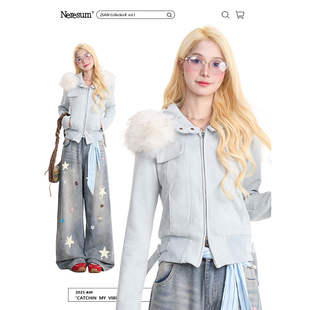 NERESUM美式 外套 大毛领连帽夹克女秋冬复古双拉链麂皮绒百搭短款