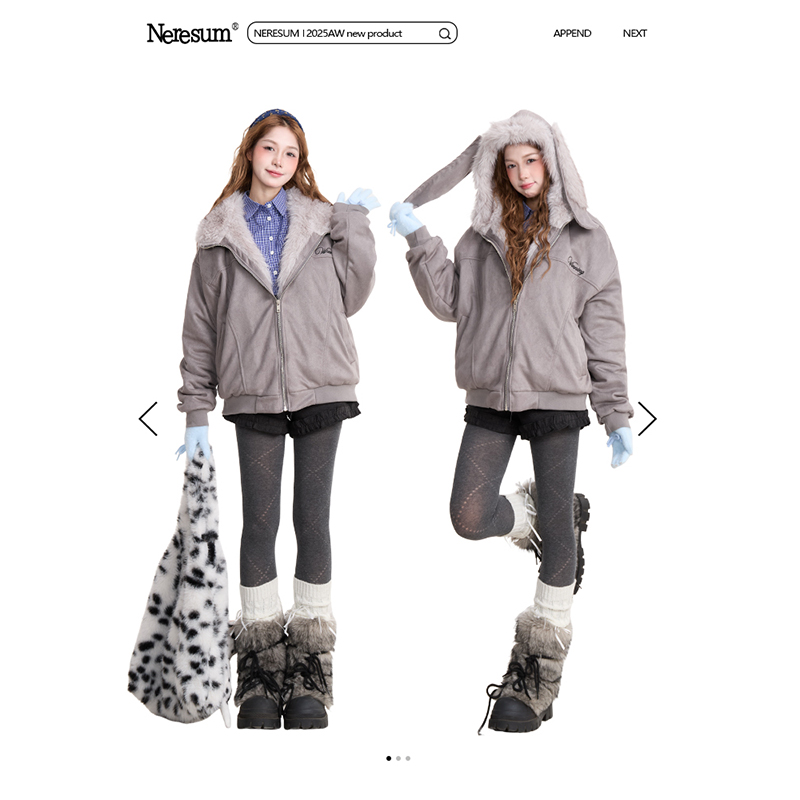 NERESUM兔耳毛领麂皮绒连帽棉衣