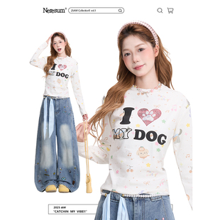 NERESUM童趣卡通印花长袖T恤女春季可爱减龄显瘦短款打底衫上衣