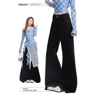 潮牌宽松百搭通勤裤 复古水洗阔腿裤 子 女美式 NERESUM黑色牛仔裤