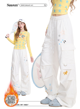 NERESUM白色星星印花工装裤女美式潮牌褶皱直筒裤秋冬加厚休闲裤