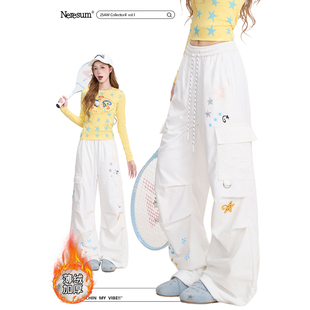 秋冬加厚休闲裤 NERESUM白色星星印花工装 潮牌褶皱直筒裤 女美式 裤