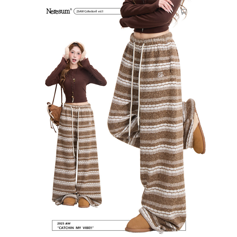 NERESUM咖啡色条纹阔腿裤子