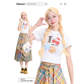 NERESUM趣味格纹印花短款 上衣T恤ins 减龄正肩修身 白色短袖 女新款