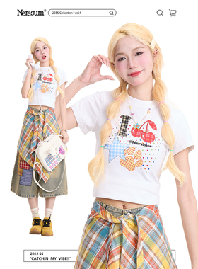 NERESUM趣味格纹印花短款白色短袖女新款减龄正肩修身上衣T恤ins