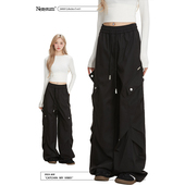 NERESUM黑色工装 大口袋hiphop垂感阔腿直筒裤 裤 女设计感美式