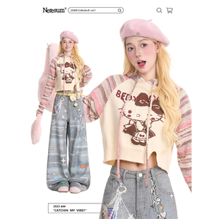 针织衫 NERESUM甜美Kitty猫提花连帽毛衣女秋冬软糯保暖插肩袖 短款