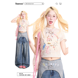 短款 NERESUM彩色项链印花短袖 小众夏季 潮牌正肩修身 上衣 T恤女美式
