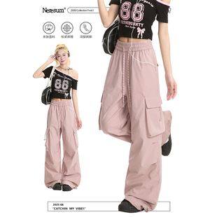 NERESUM工装裤女美式潮牌户外运动裤子褶皱多口袋速干直筒伞兵裤