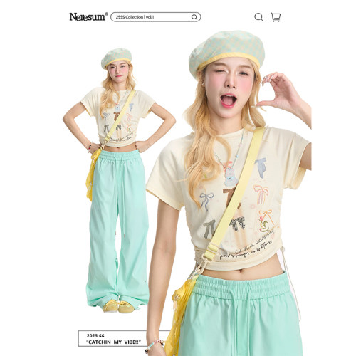 NERESUM蝴蝶结印花百搭修身上衣