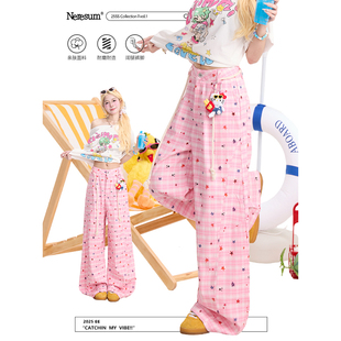 NERESUM星星满印休闲格子裤女美式潮牌垂阔腿裤多巴胺小众裤子