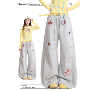 潮牌阔腿休闲裤 褶皱显瘦弯刀裤 女美式 NERESUM卡通小狗刺绣卫裤